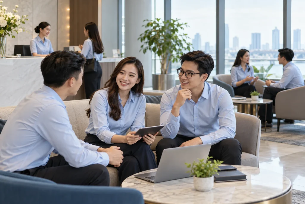 Ba nhóm nhân viên mặc áo sơ mi đồng phục cùng nhận diện