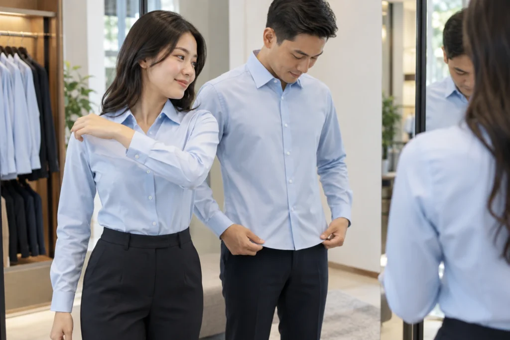 Thử form áo sơ mi đồng phục nam nữ theo từng nhóm