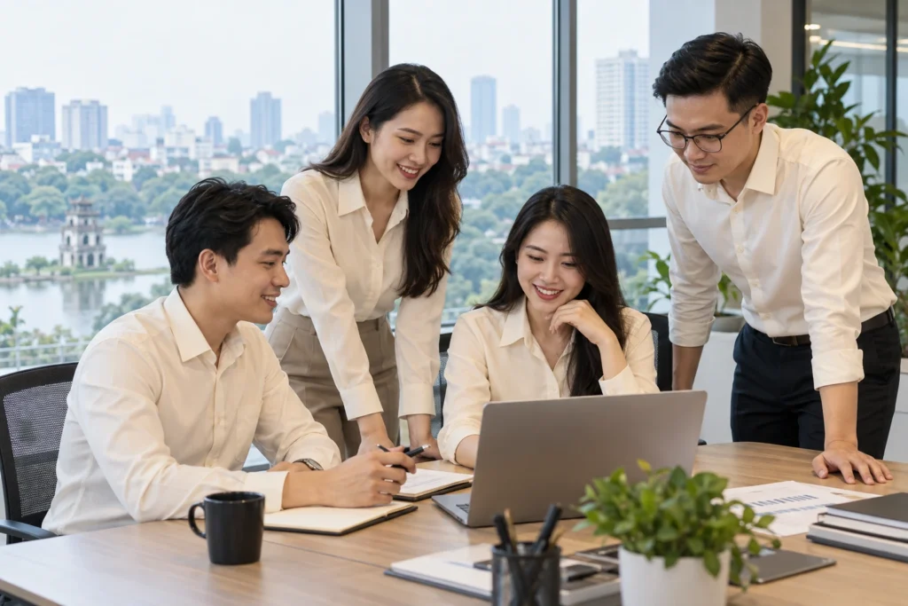 Đội ngũ nam nữ mặc sơ mi đồng phục cùng màu tại văn phòng
