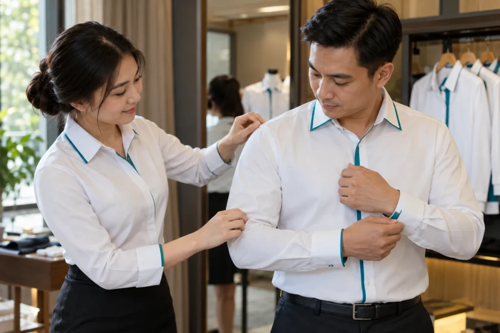 Nhân viên thử vai ngực và tay áo sơ mi theo từng form