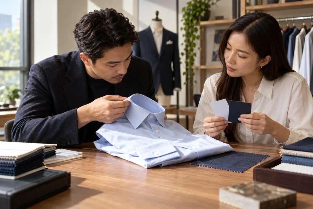 Duyệt mẫu áo sơ mi cùng chất liệu và logo
