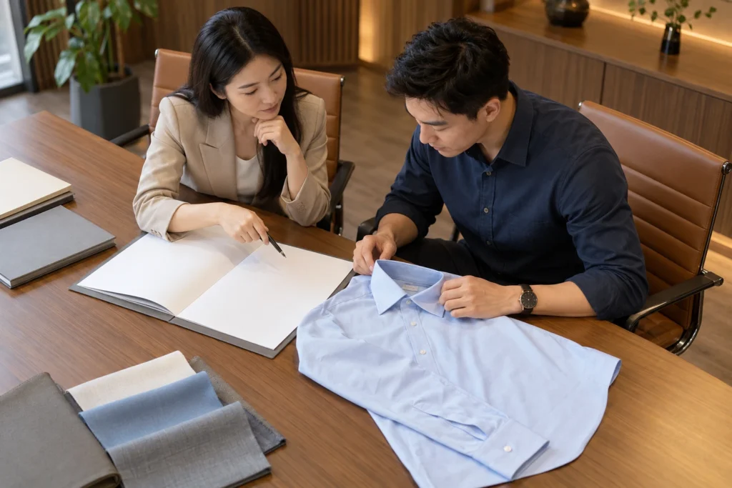 Người phụ trách đối chiếu brief áo sơ mi đồng phục trên bàn họp