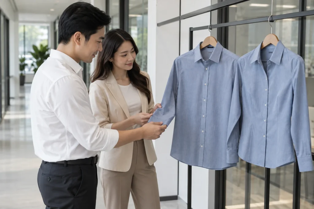 Cặp mẫu sơ mi nam nữ được chọn cùng tông màu