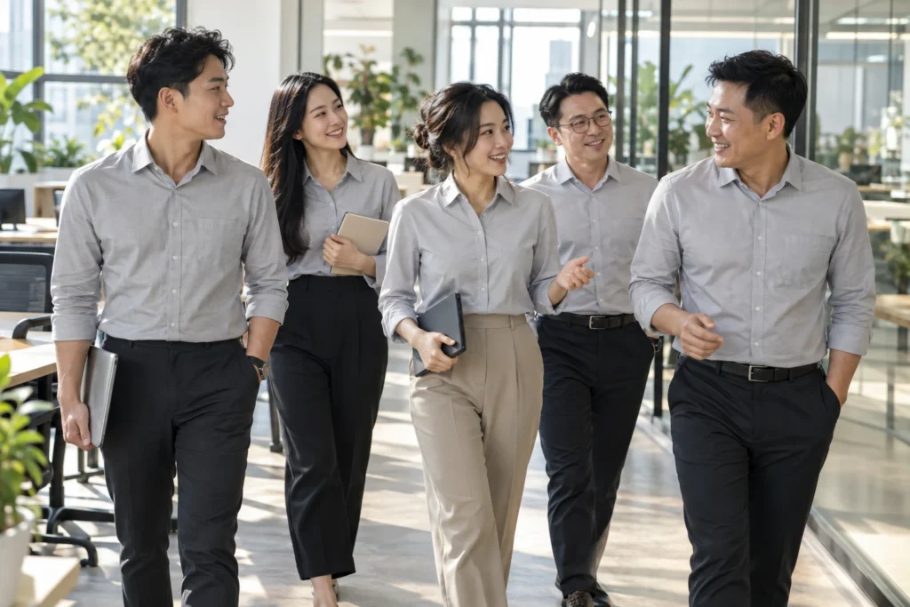 Đội ngũ công sở mặc áo sơ mi đồng phục trong không gian sáng