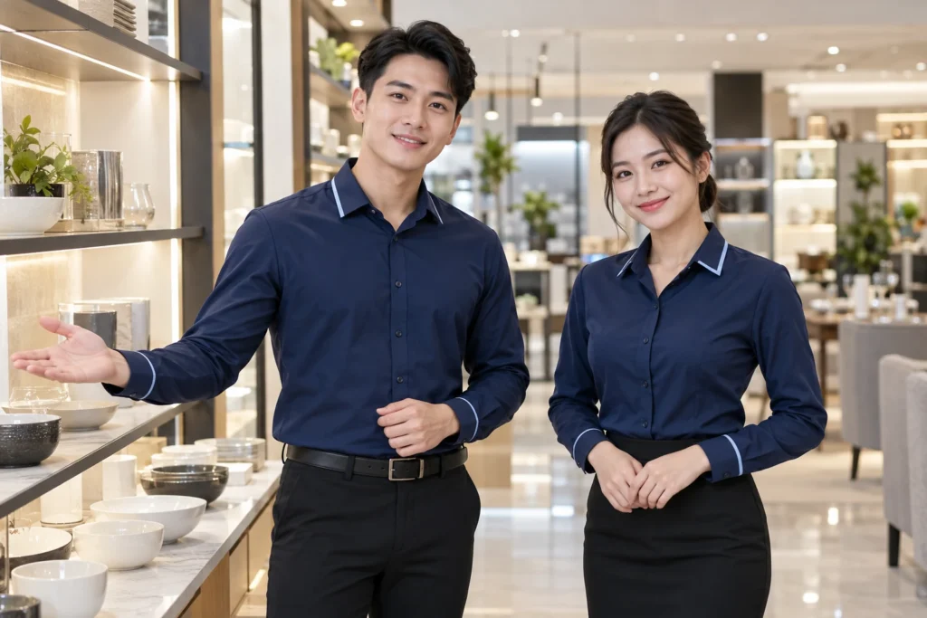 Nhân viên showroom mặc sơ mi có điểm phối nhận diện
