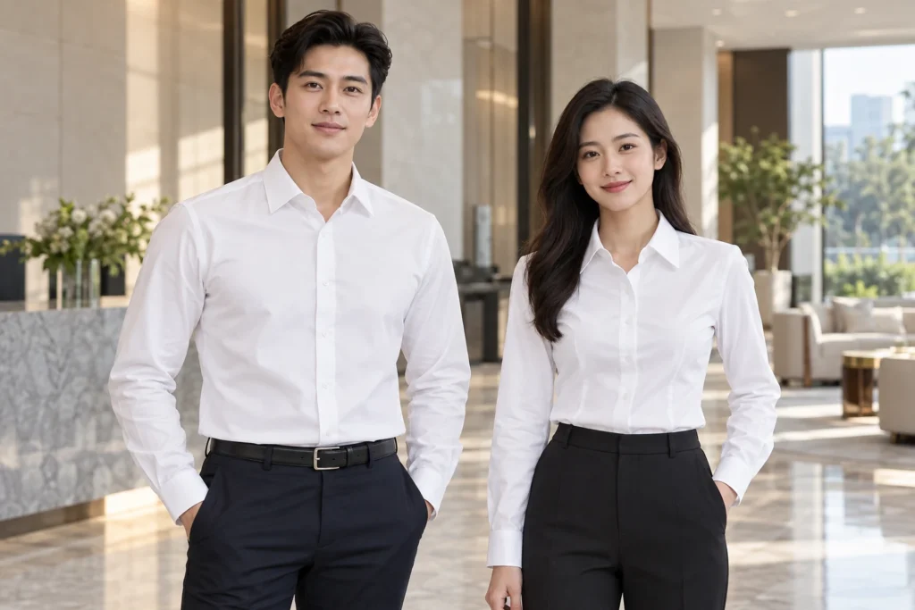 Cặp áo sơ mi trắng nam nữ có cổ Đức đồng bộ