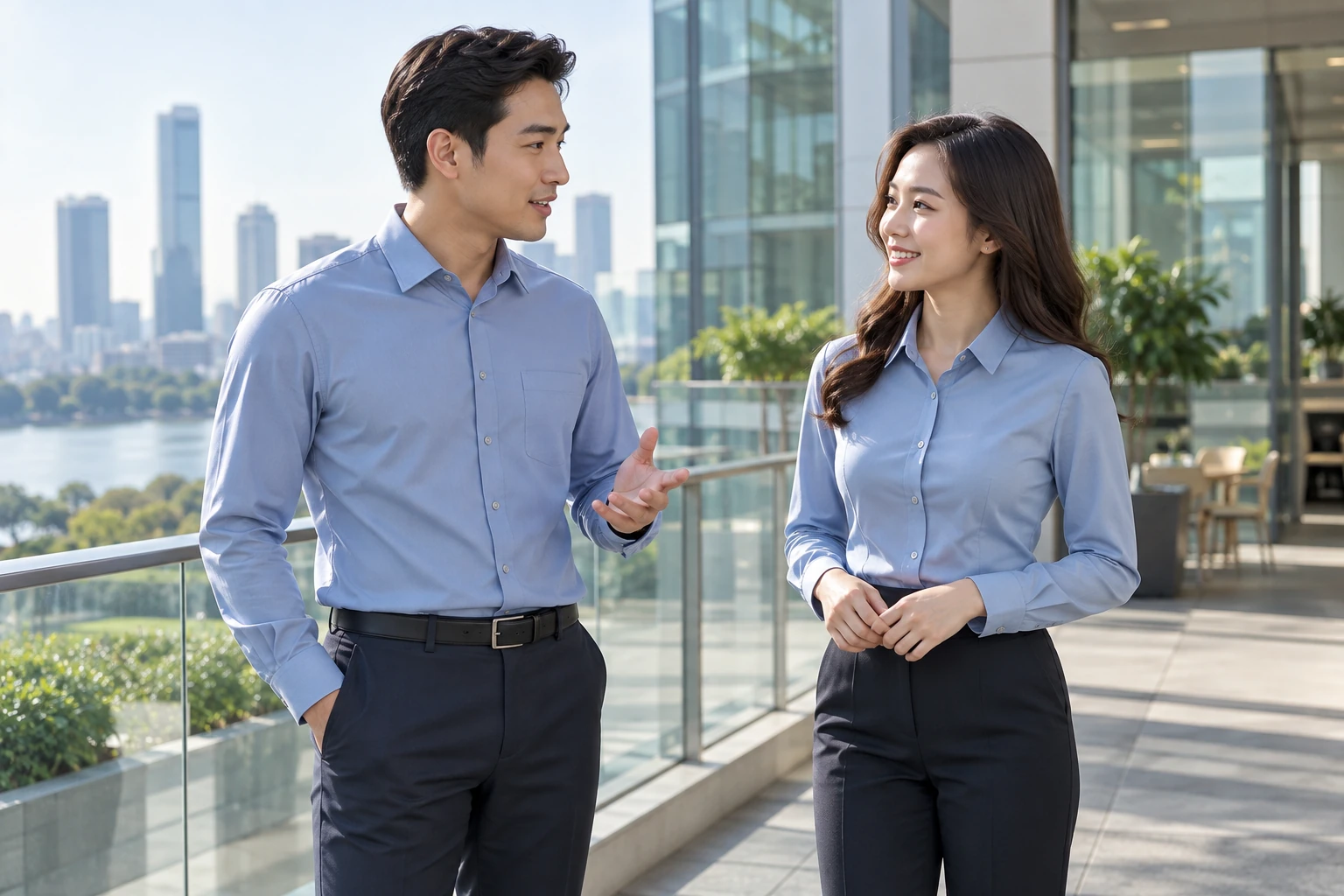 Hai người Việt mặc cặp áo sơ mi đồng phục nam nữ