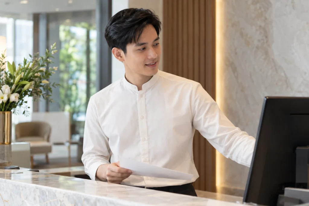 Nhân viên thử áo sơ mi cổ tàu theo tư thế làm việc