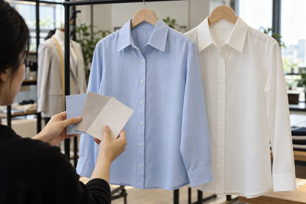 Áo mẫu sơ mi với cổ nẹp trên hai chất liệu minh họa