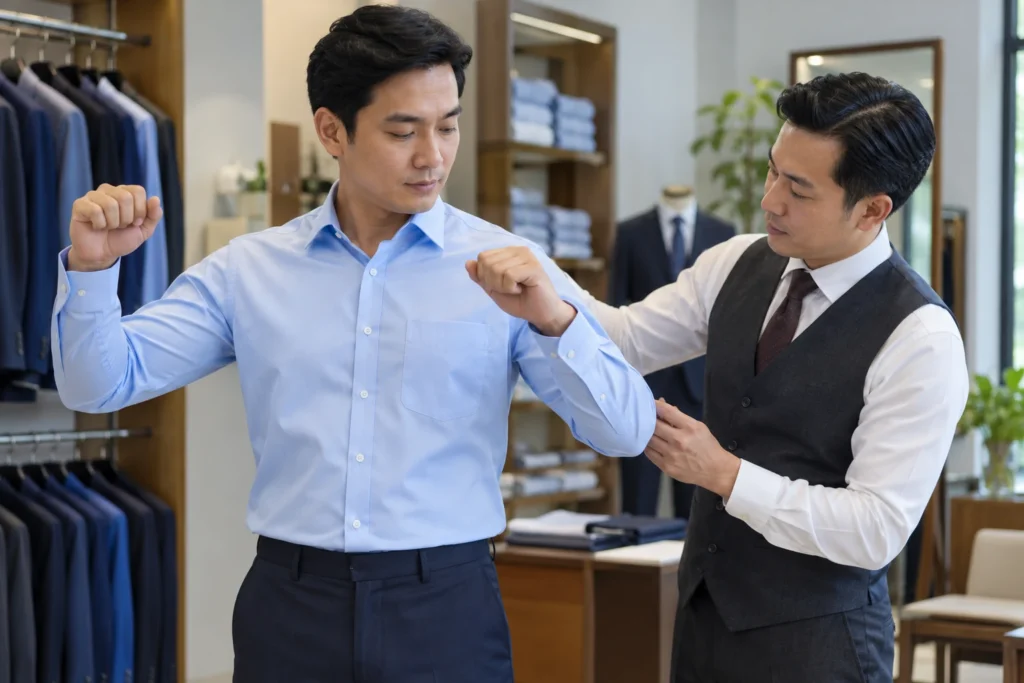 Thử áo sơ mi và kiểm tra tầm cử động tay