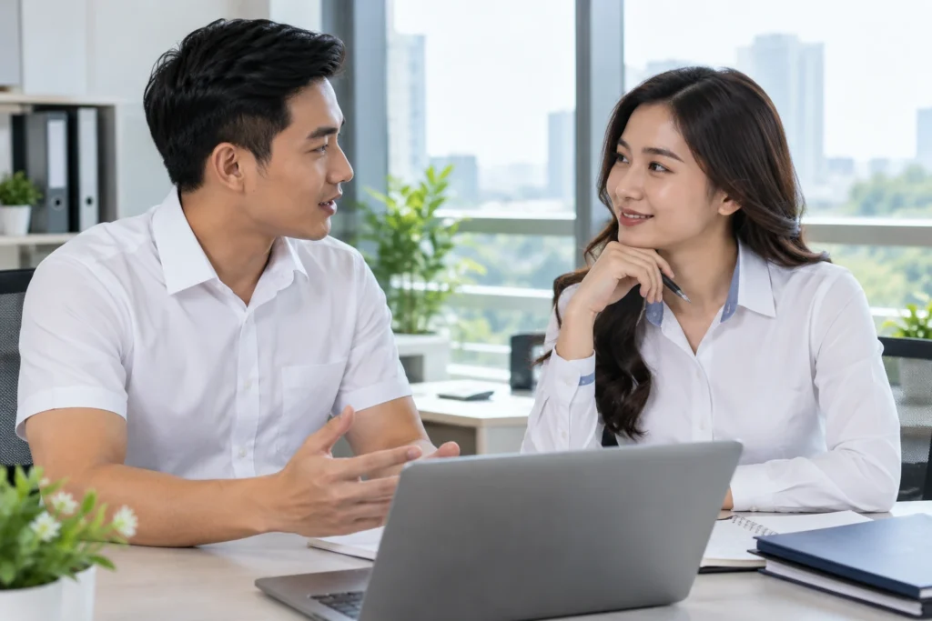 Hai nhân viên mặc sơ mi đồng phục tay ngắn và tay dài