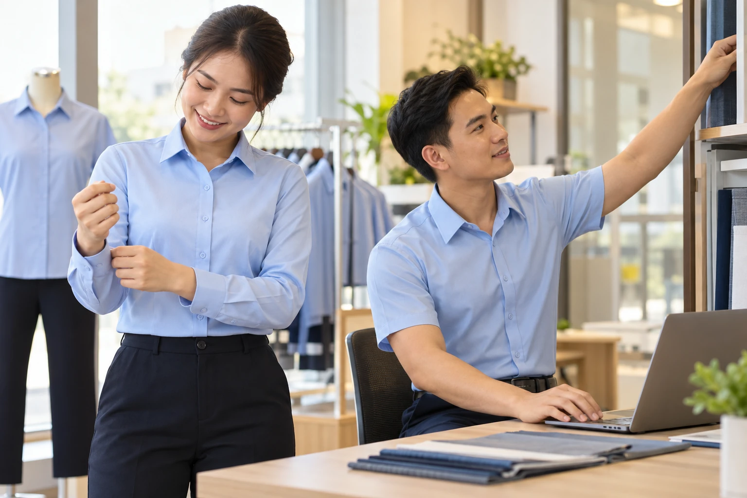 Nhân viên thử tay áo trong môi trường làm việc