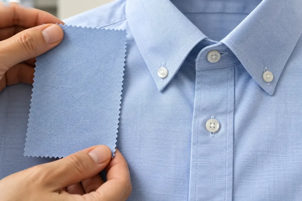 Mẫu vải đặt cạnh cổ nẹp áo sơ mi đồng phục