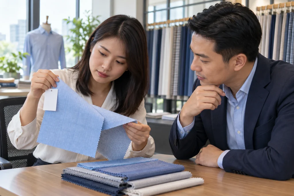 Người mua kiểm tra nhãn mã và thông tin mẫu vải