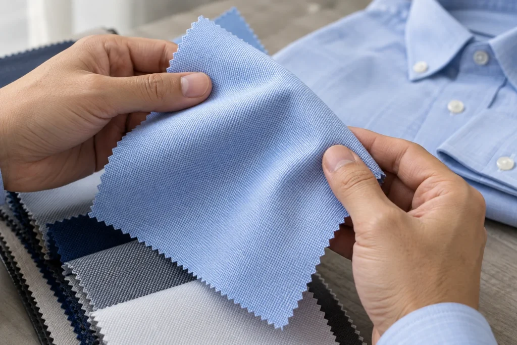 Tay người gấp nhẹ vải để so nếp và bề mặt