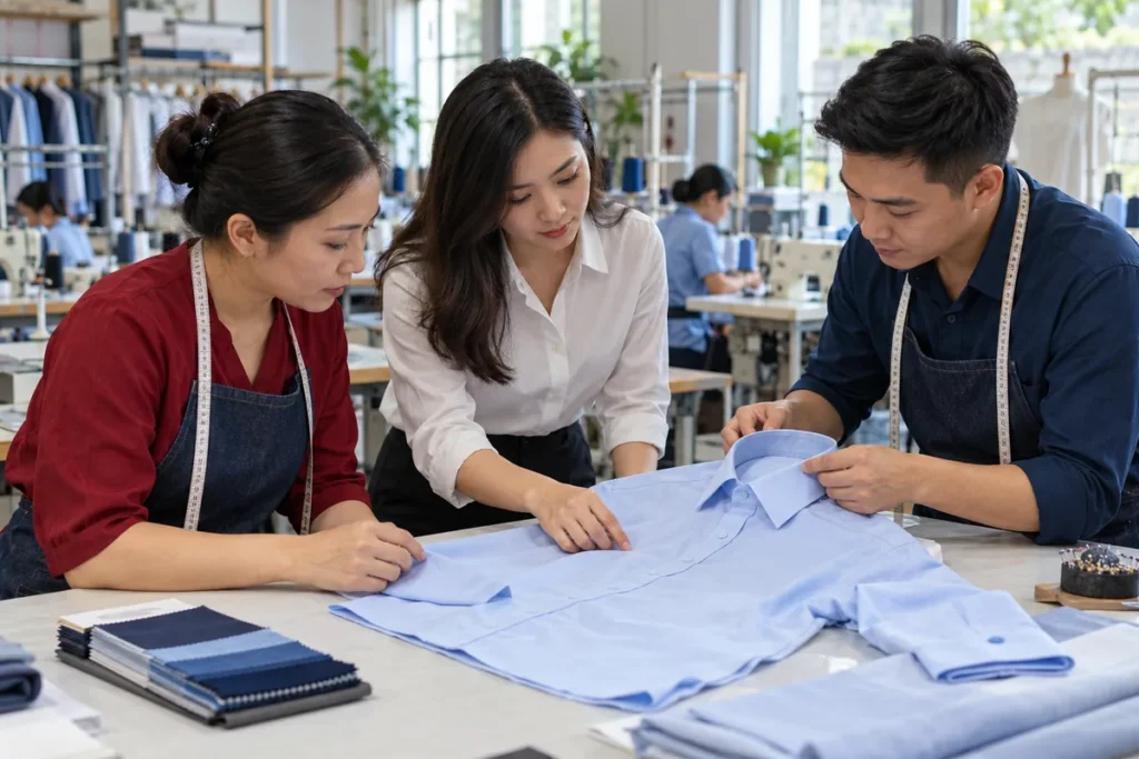 Duyệt mẫu áo sơ mi trong xưởng may
