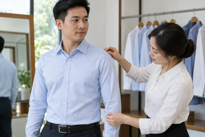 Thử áo mẫu để chọn size áo sơ mi đồng phục